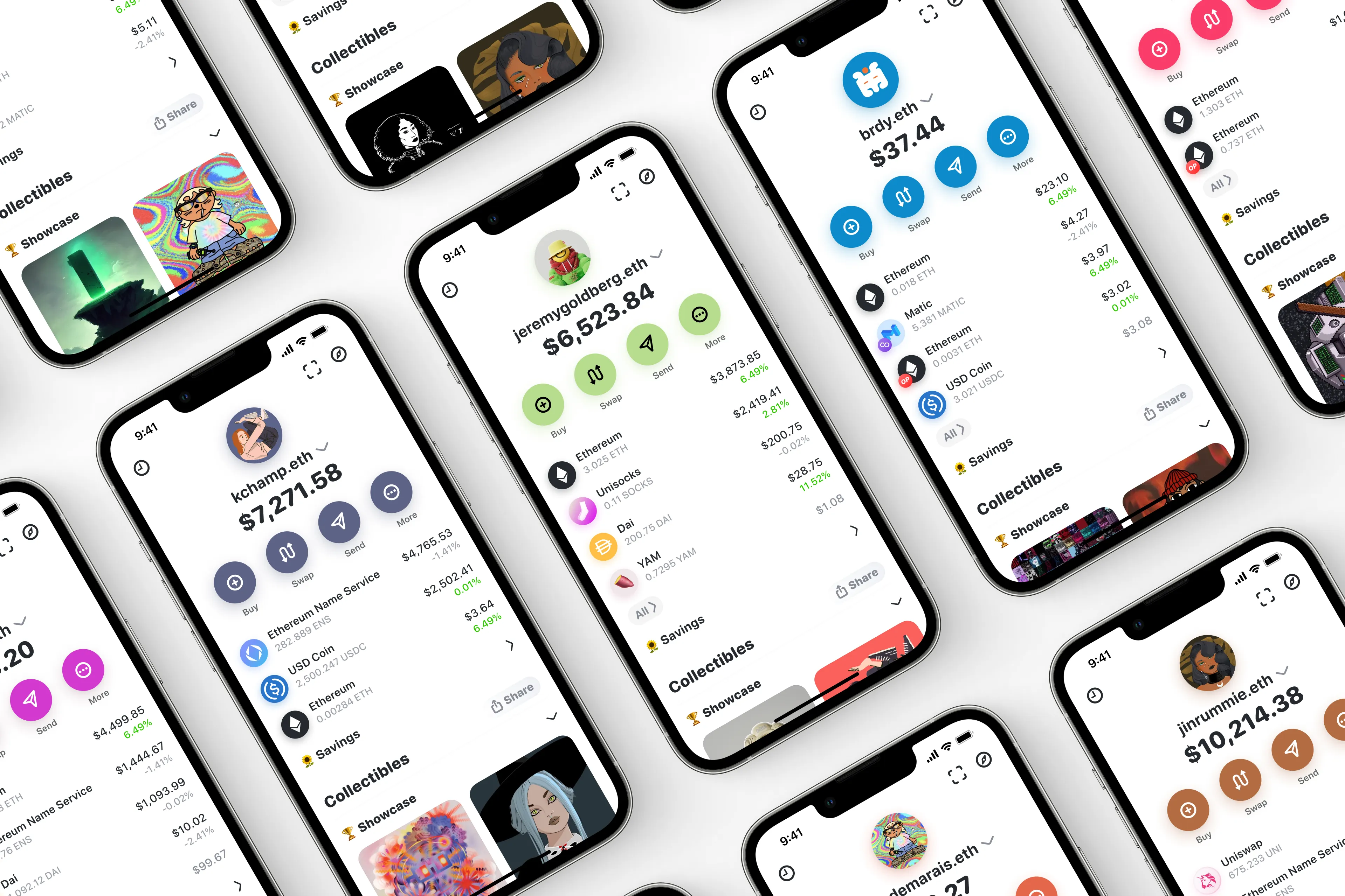 Dozens of Rainbow wallet screens tiled at an angle, each in a different color scheme