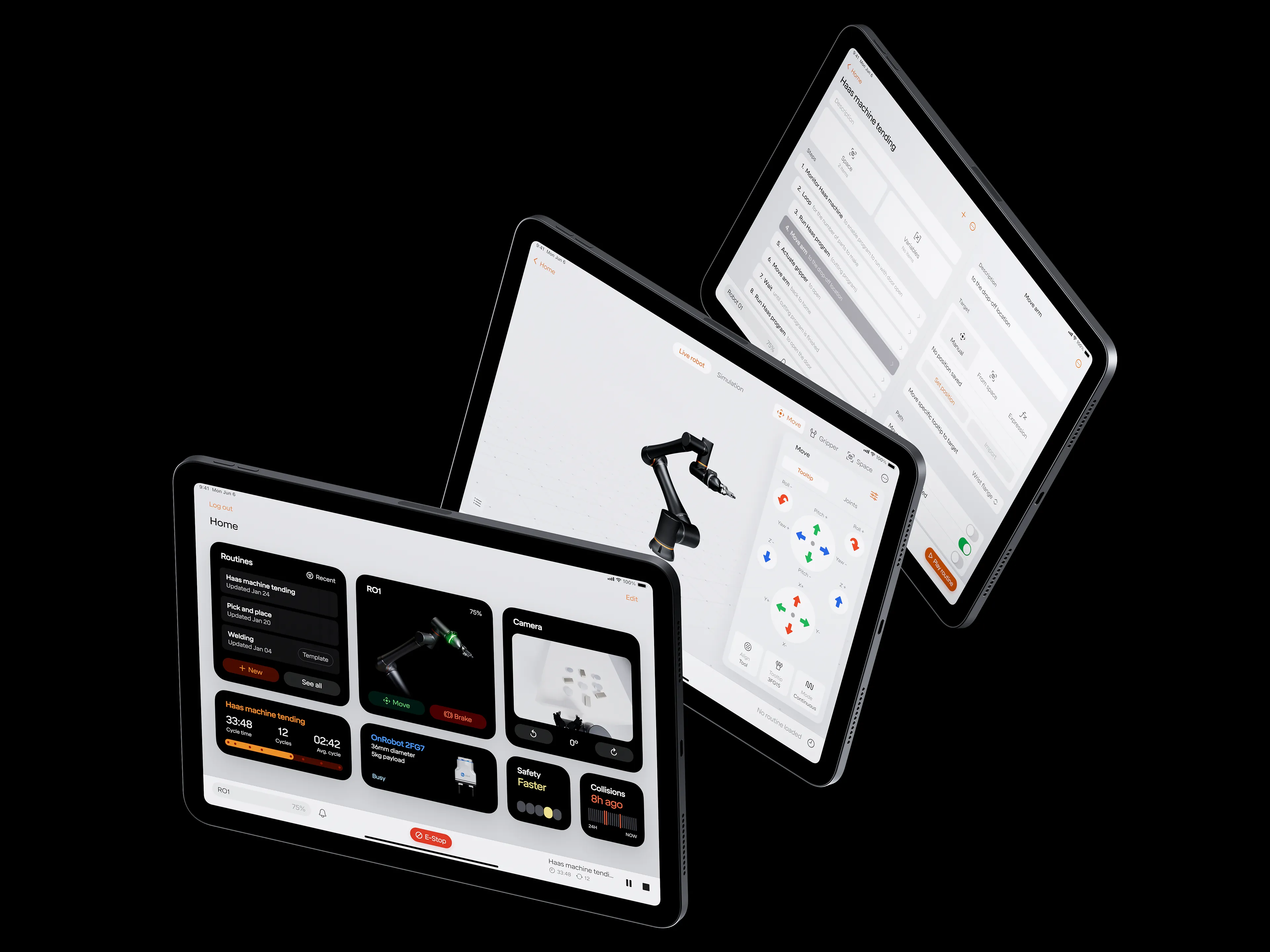 Three iPads on black showing the robot control software