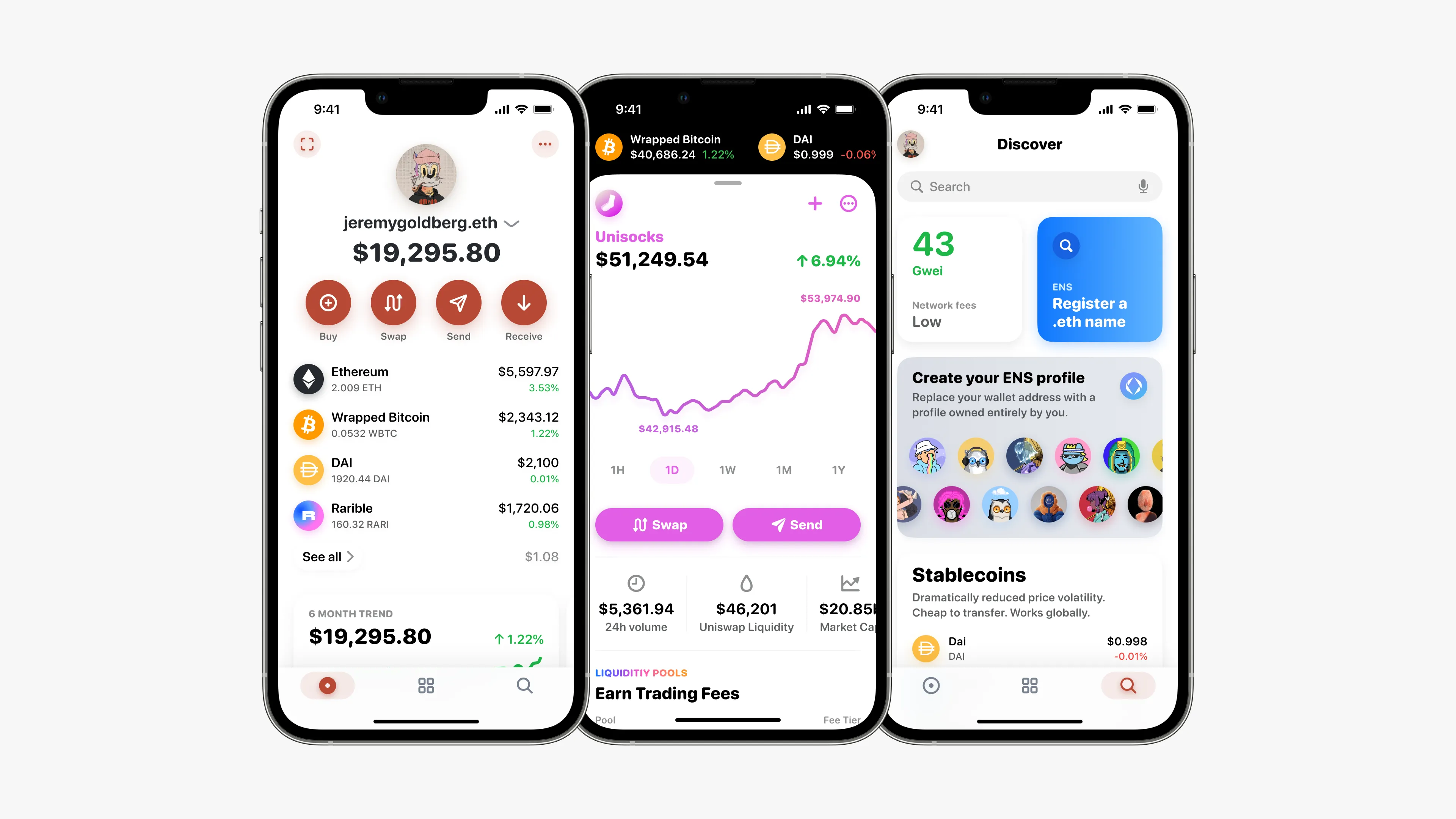 Three iPhones showing the wallet home, a token detail with price chart, and Discover