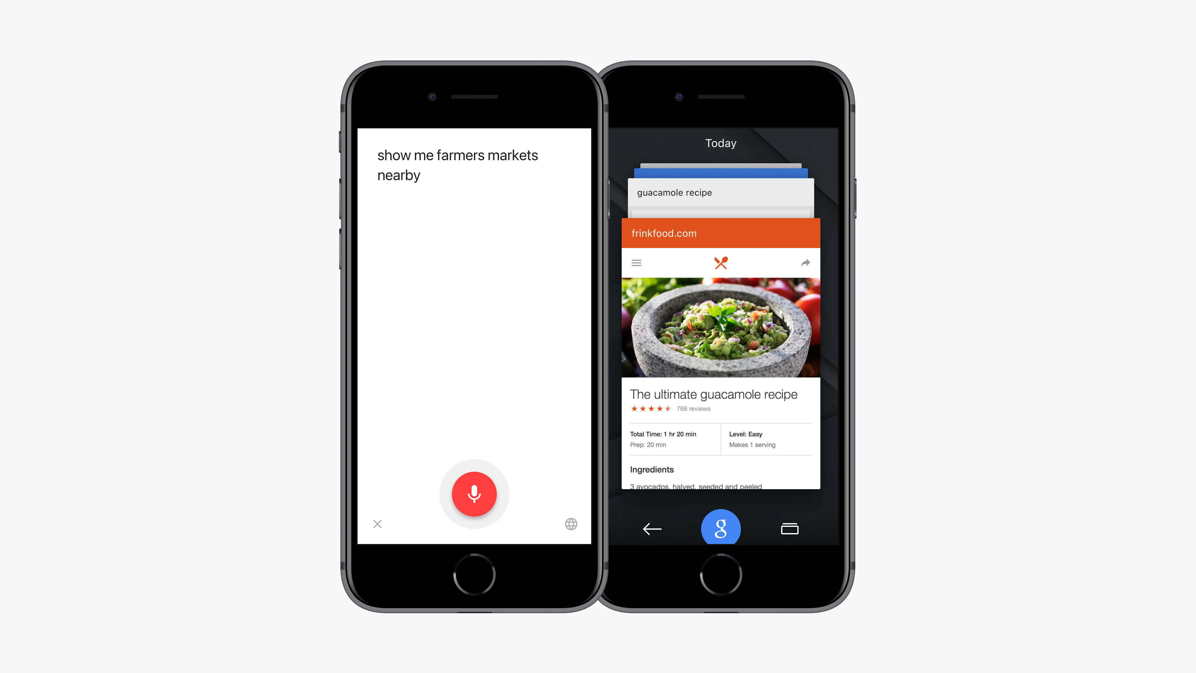 Two iPhones side by side — voice search transcribing "show me farmers markets nearby" and a recents view with a saved guacamole recipe