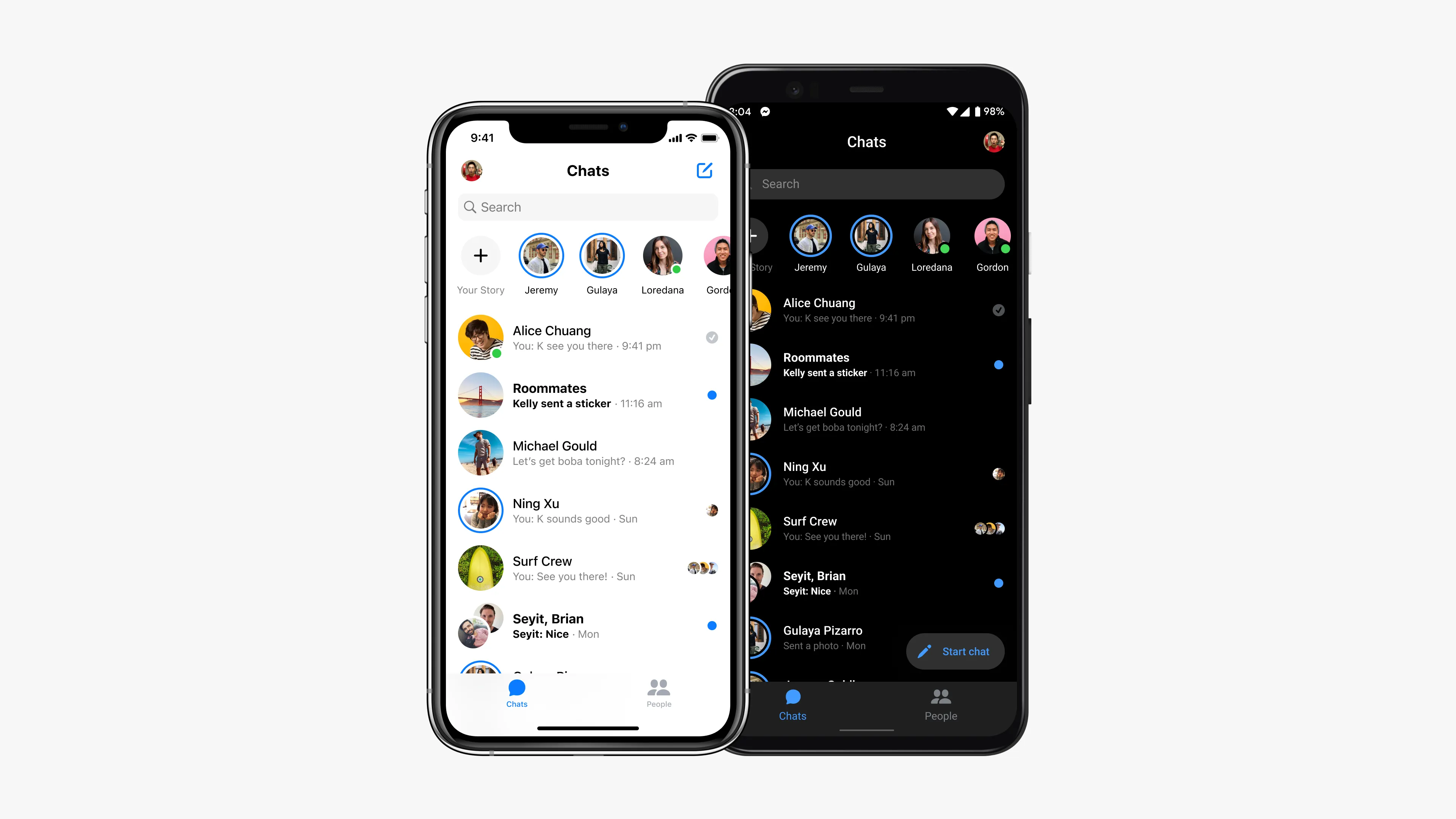 The Messenger chats list shown in light and dark appearance side by side