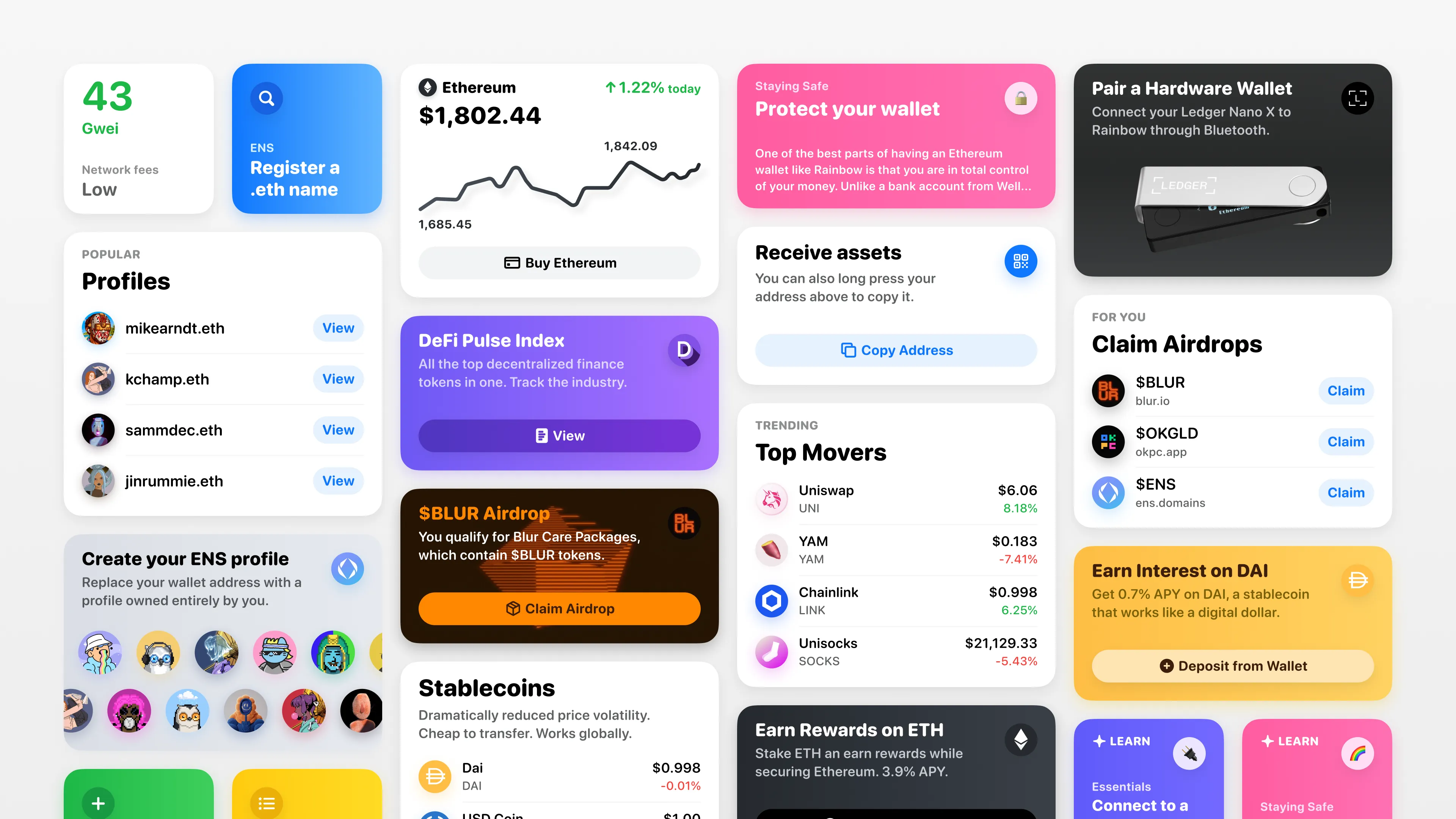 Rainbow's card system — gas, ENS registration, price, hardware pairing, airdrops, stablecoins, and top movers