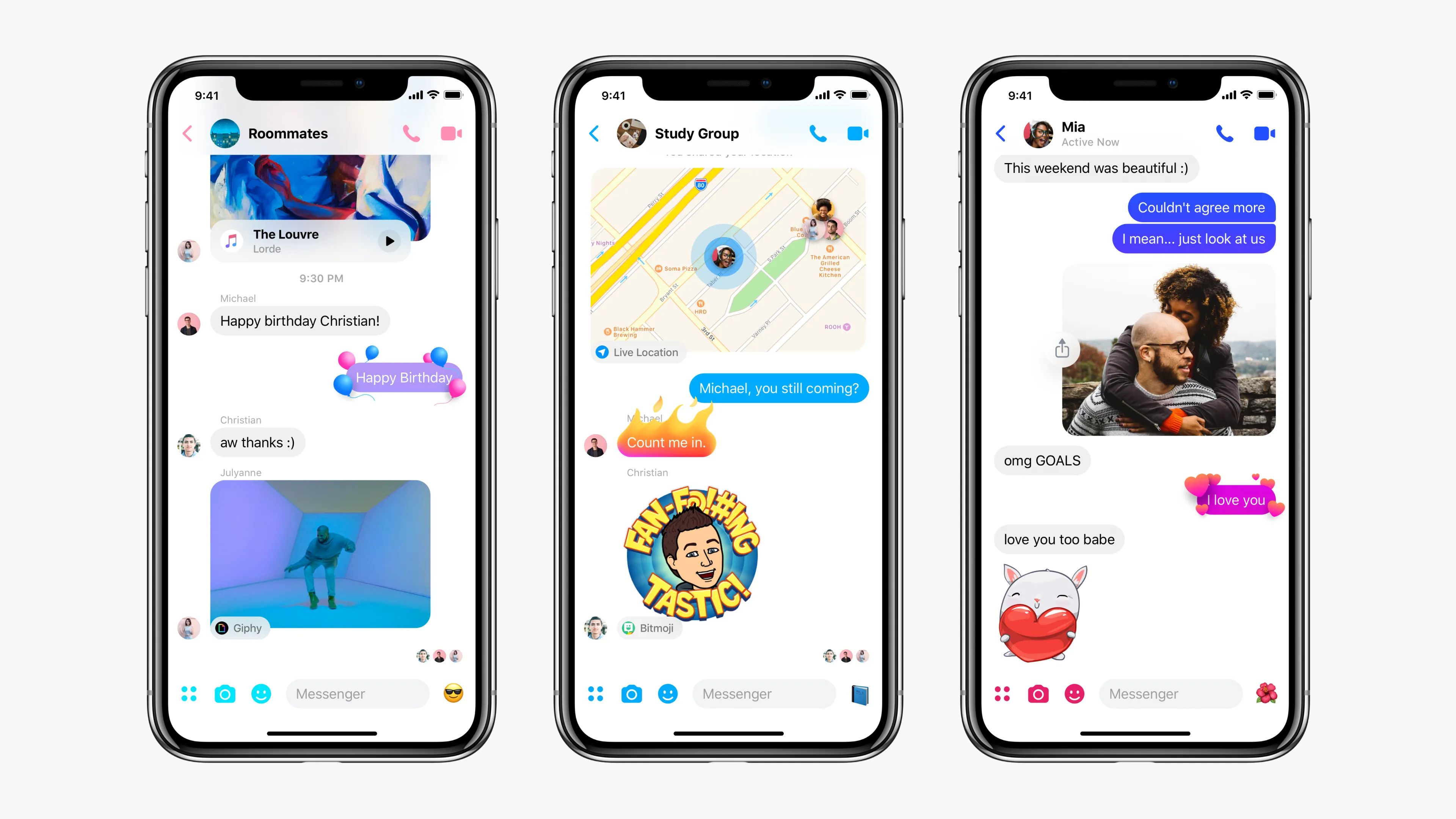 Three iPhones showing conversation threads with power-ups