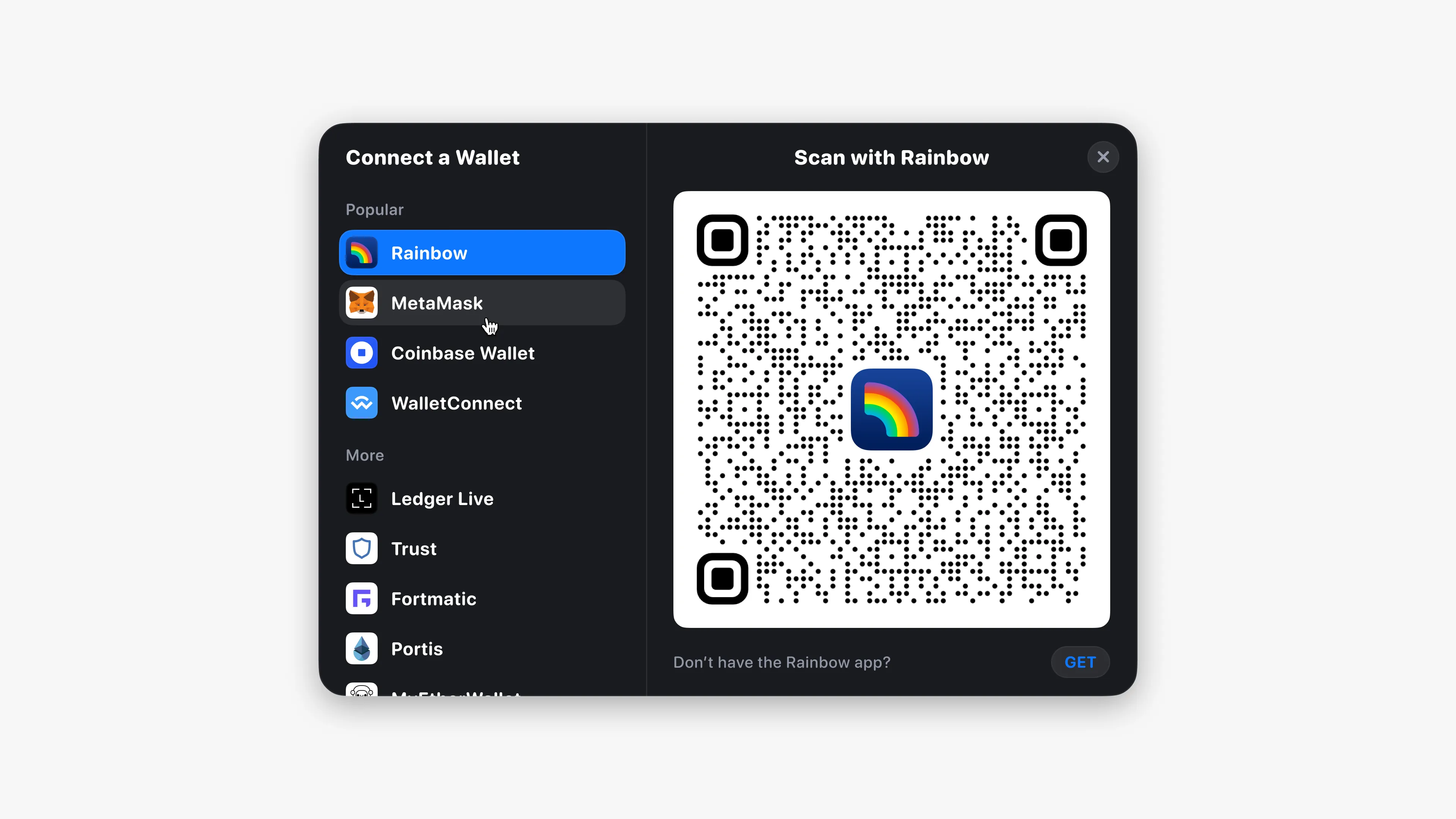 The RainbowKit connect dialog, with a wallet list and a QR code to scan
