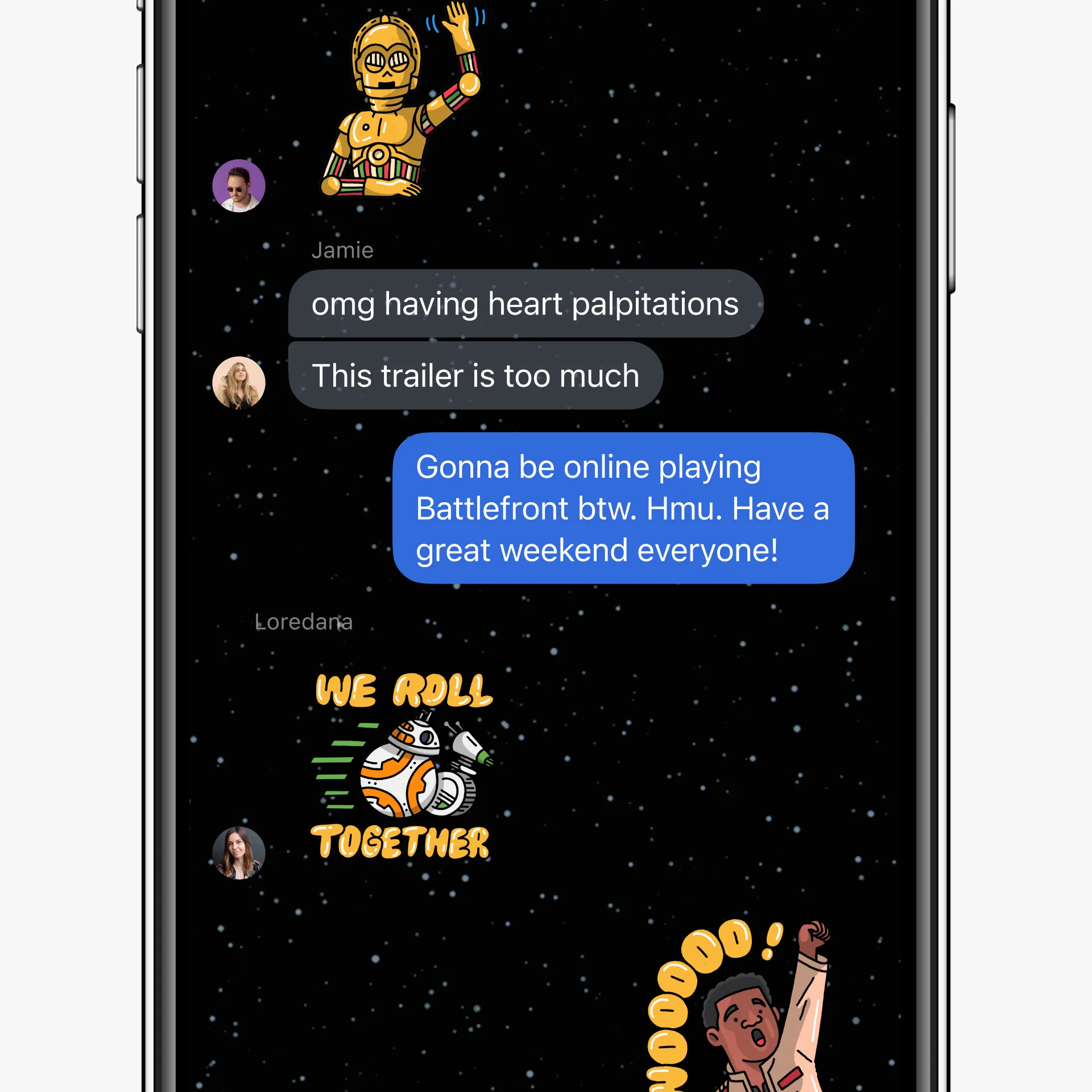 A Star Wars chat theme over a starfield, with C-3PO and BB-8 stickers