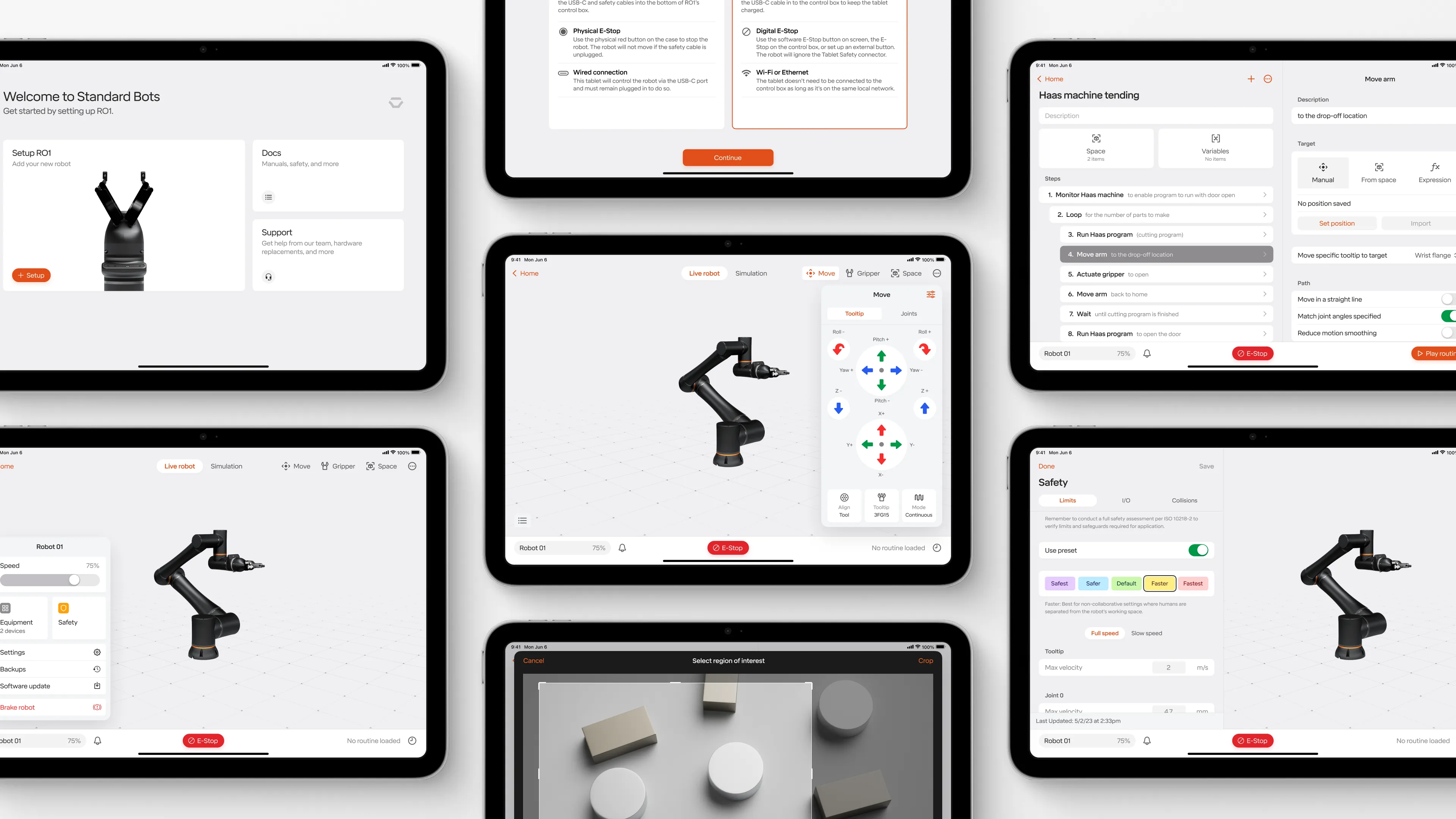 Screens from the software tiled together — onboarding, routine list, and 3D workspace