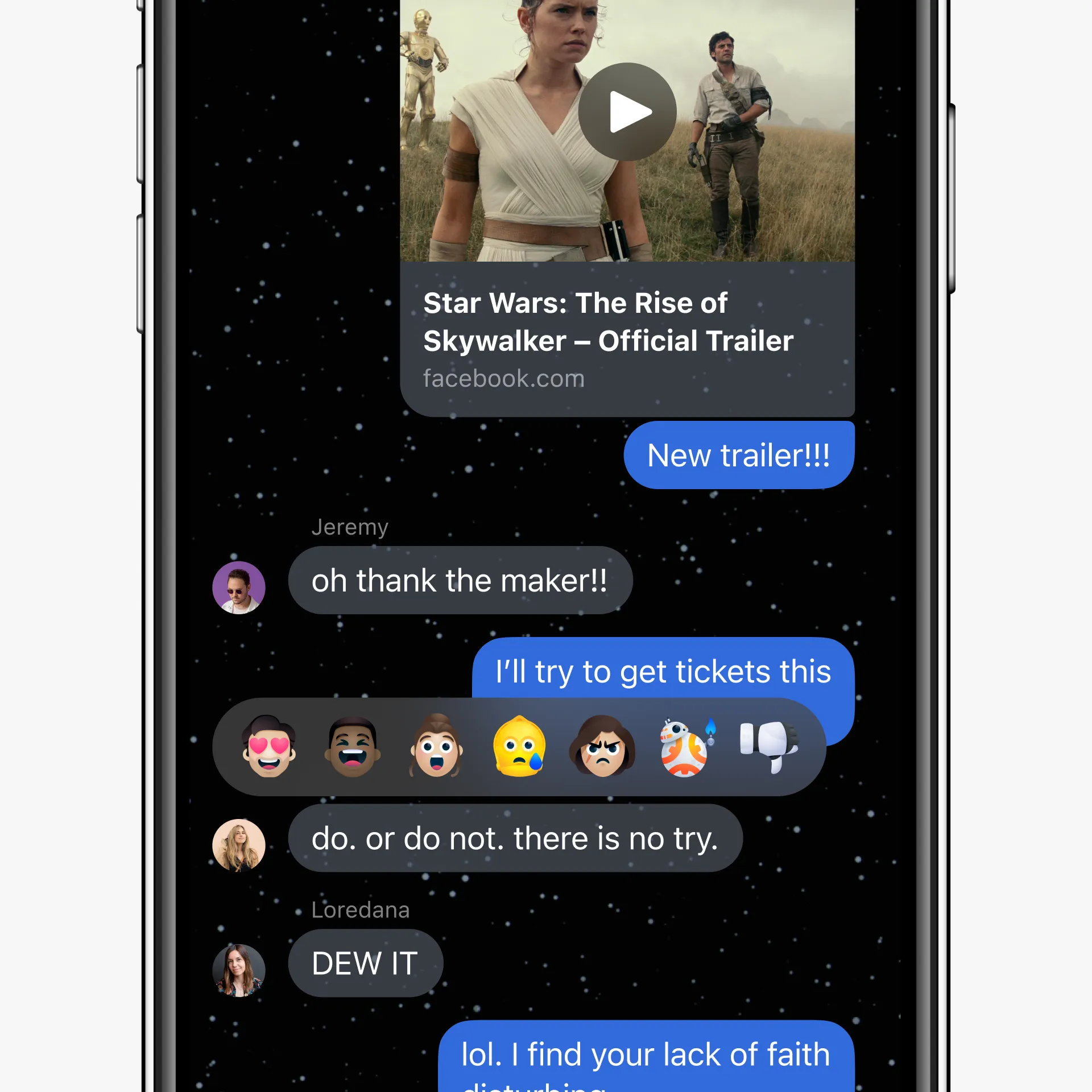 A Star Wars thread with a trailer card, the Star Wars reaction tray open, and quoted film dialogue