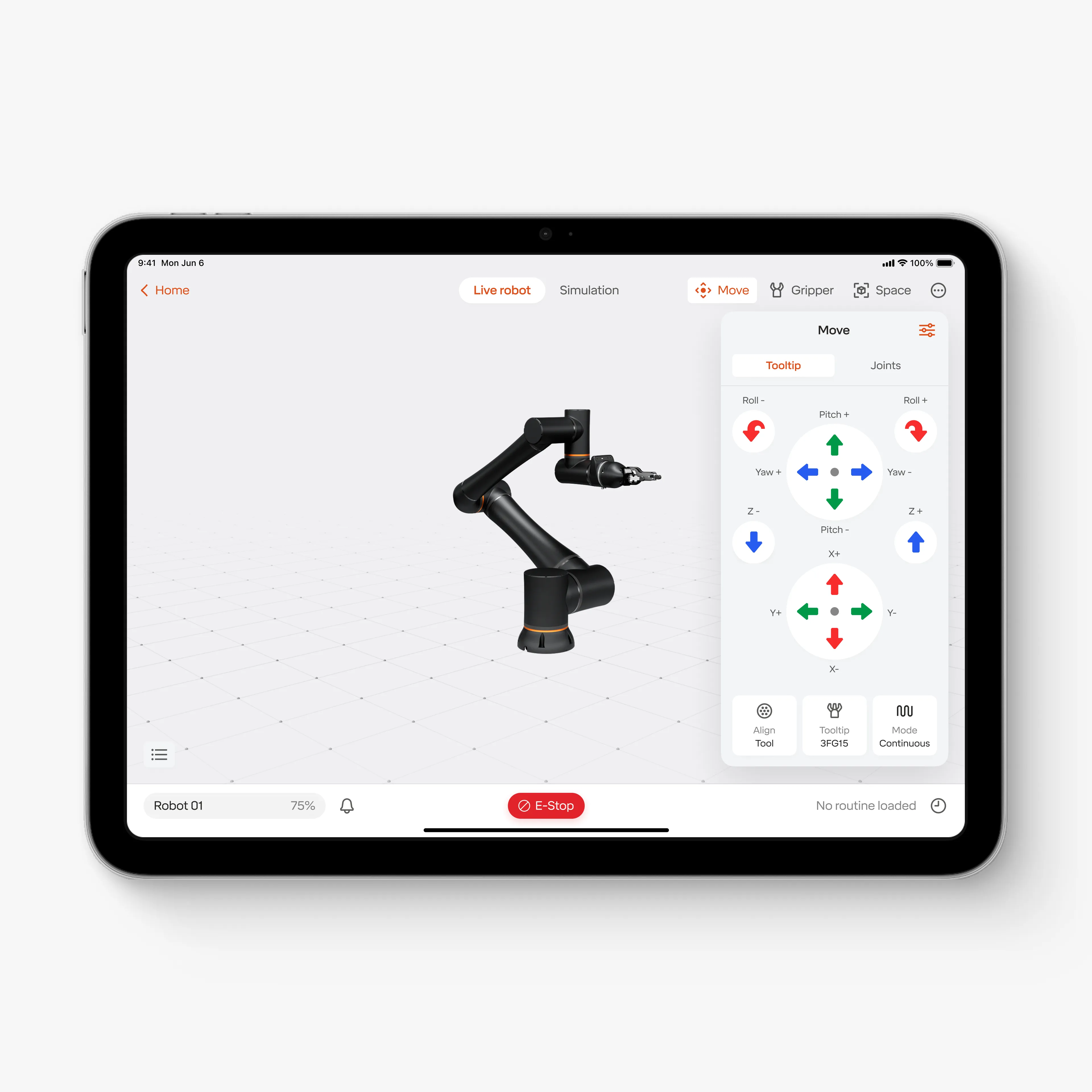 The Standard Bots move panel, with a 3D robot arm and jog controls for each axis