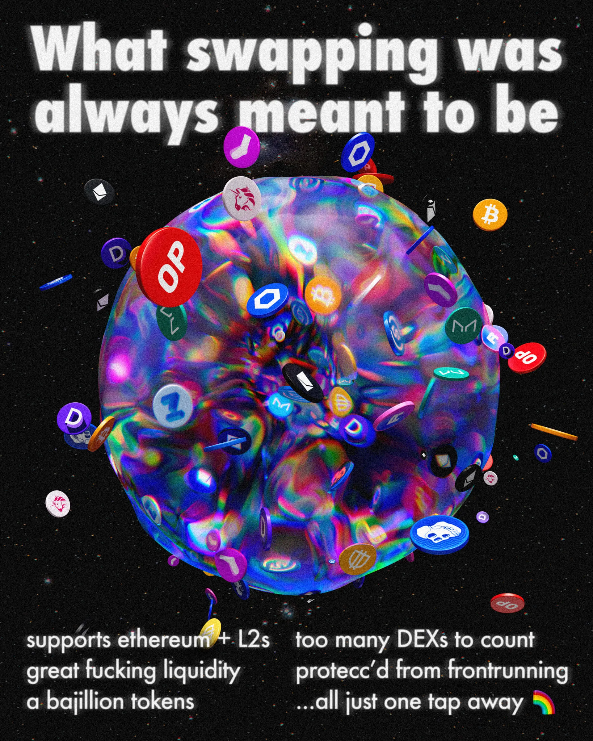 A launch poster for the swap aggregator, an iridescent sphere of token logos on black