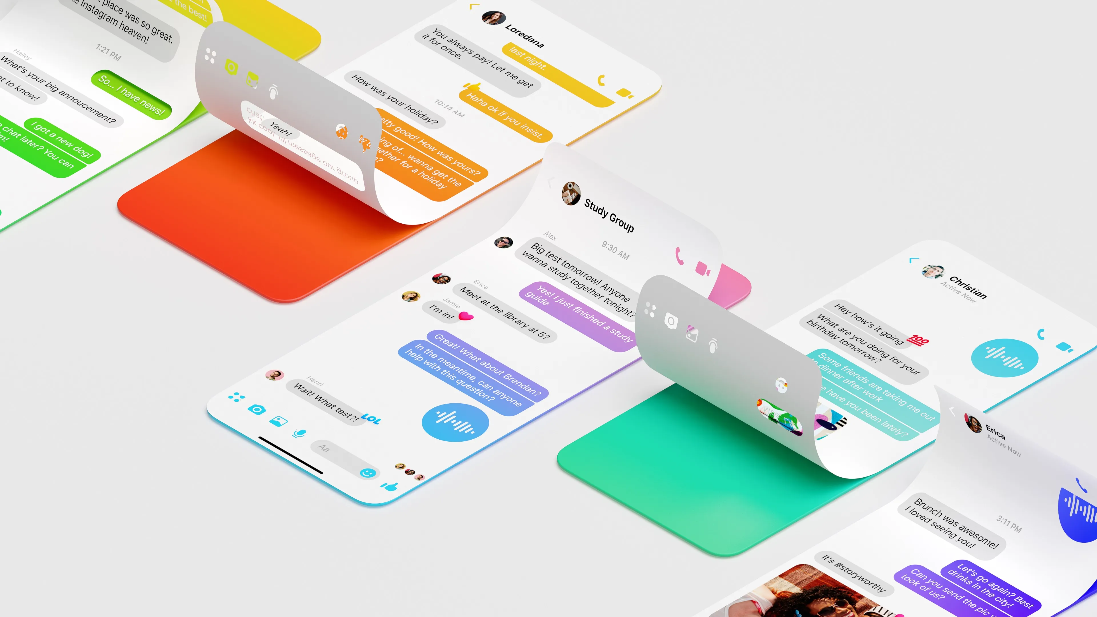 Chat screens floating in formation over orange, green, and blue gradient shapes