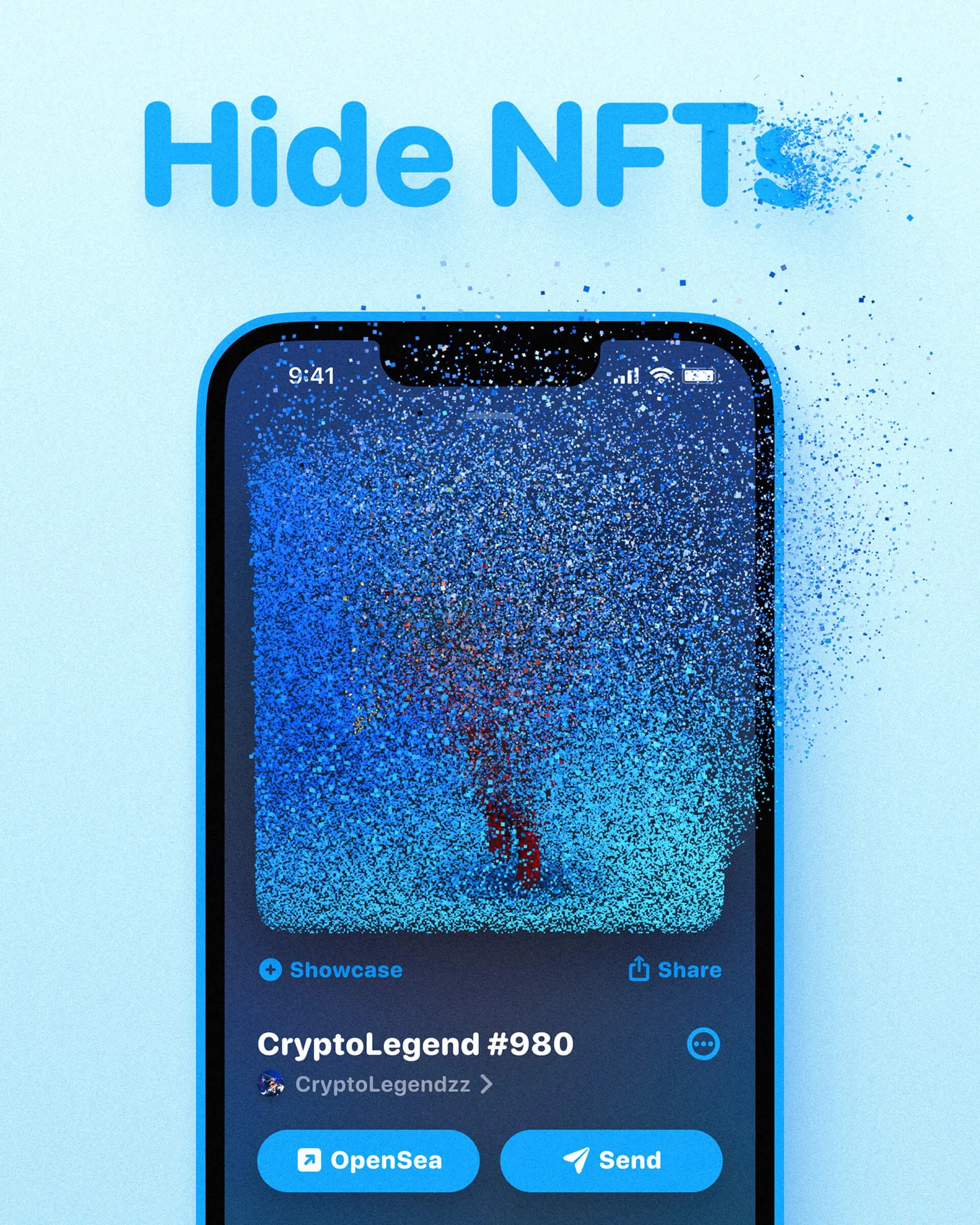 A poster for hiding NFTs, a phone whose artwork dissolves into particles