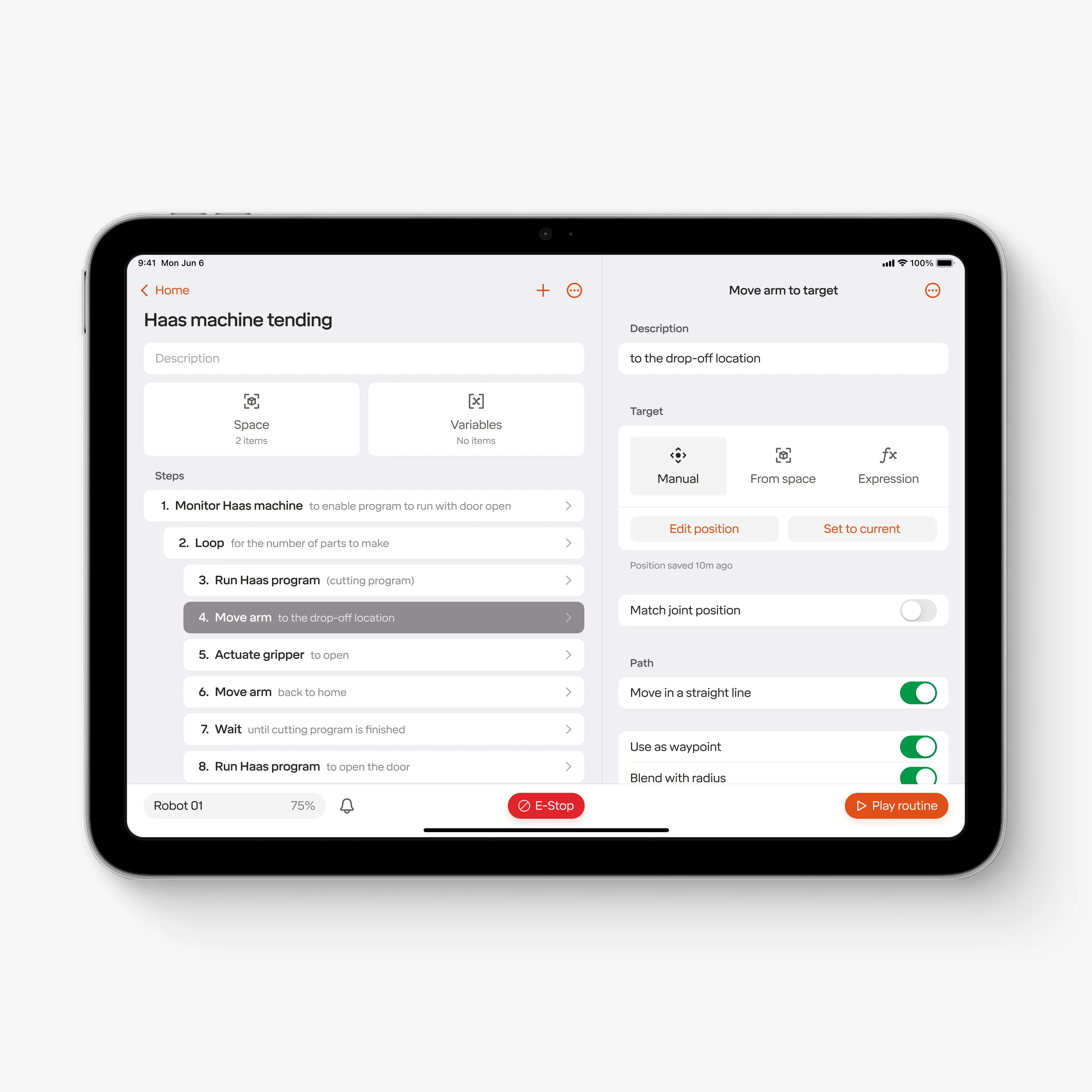 The Standard Bots routine editor, a numbered step list beside the detail for one step