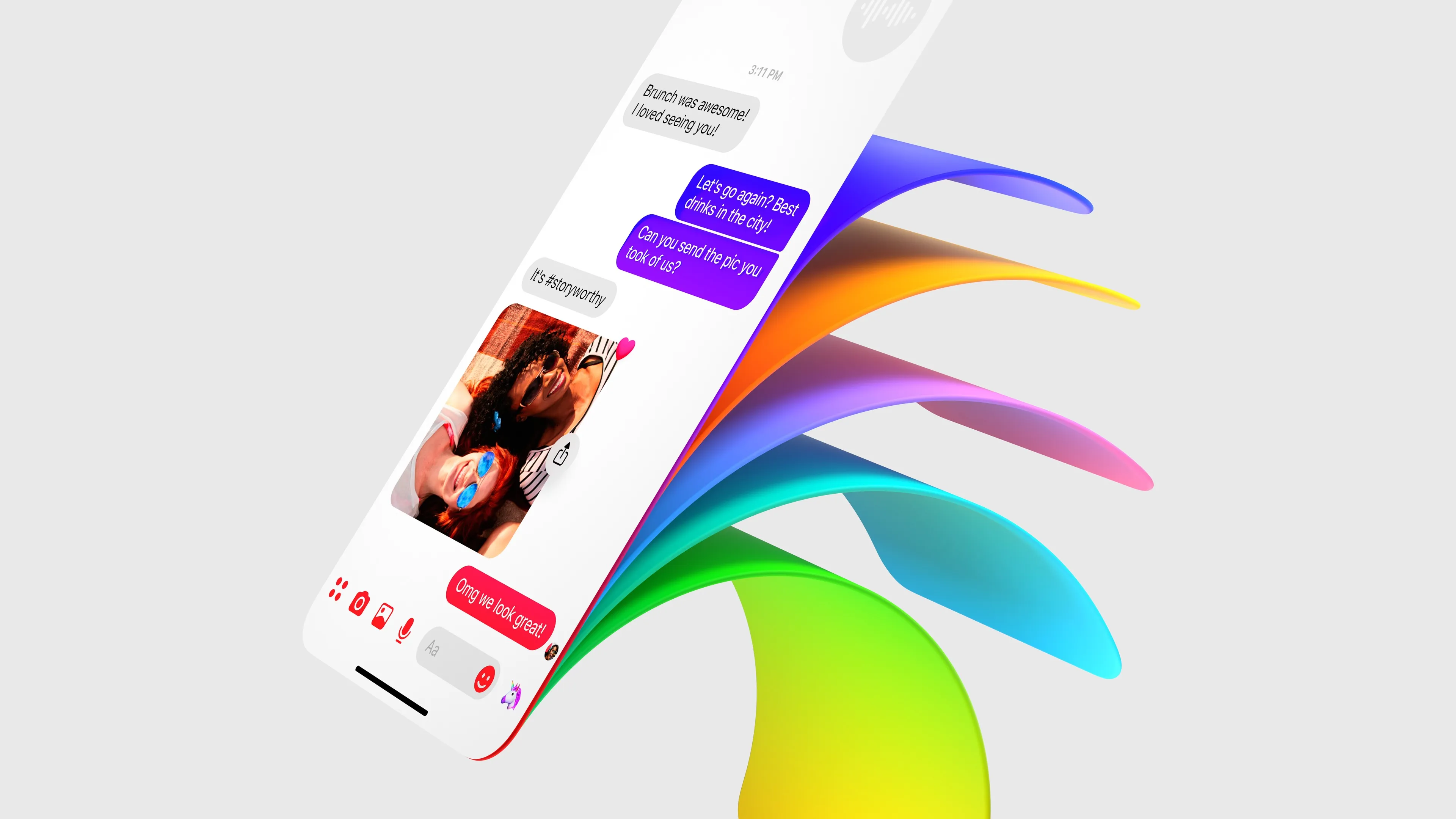 A chat screen curling away from the surface, trailing a rainbow gradient ribbon