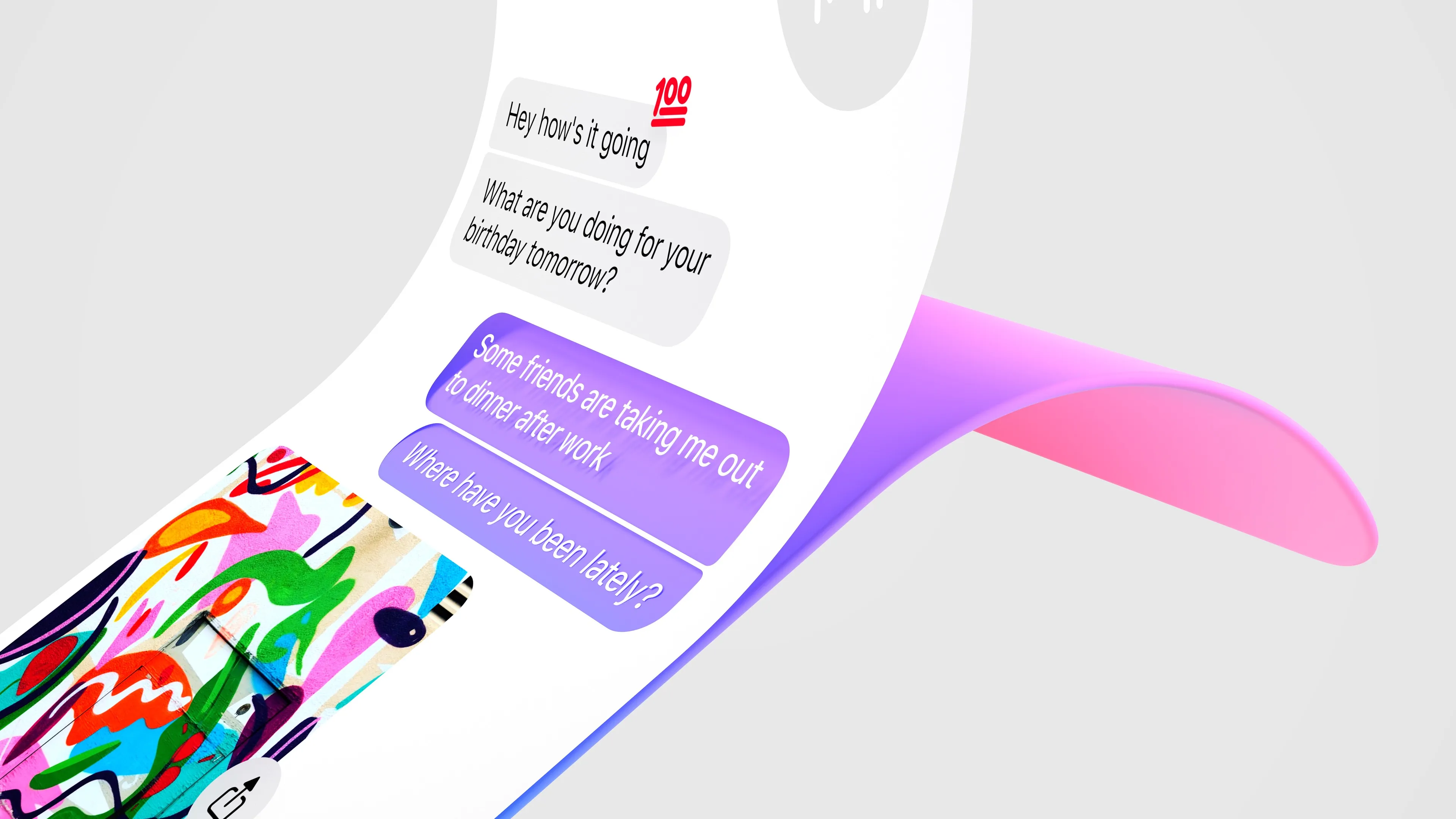 A chat screen curling over a pink and purple gradient ribbon, with a sticker collage behind it
