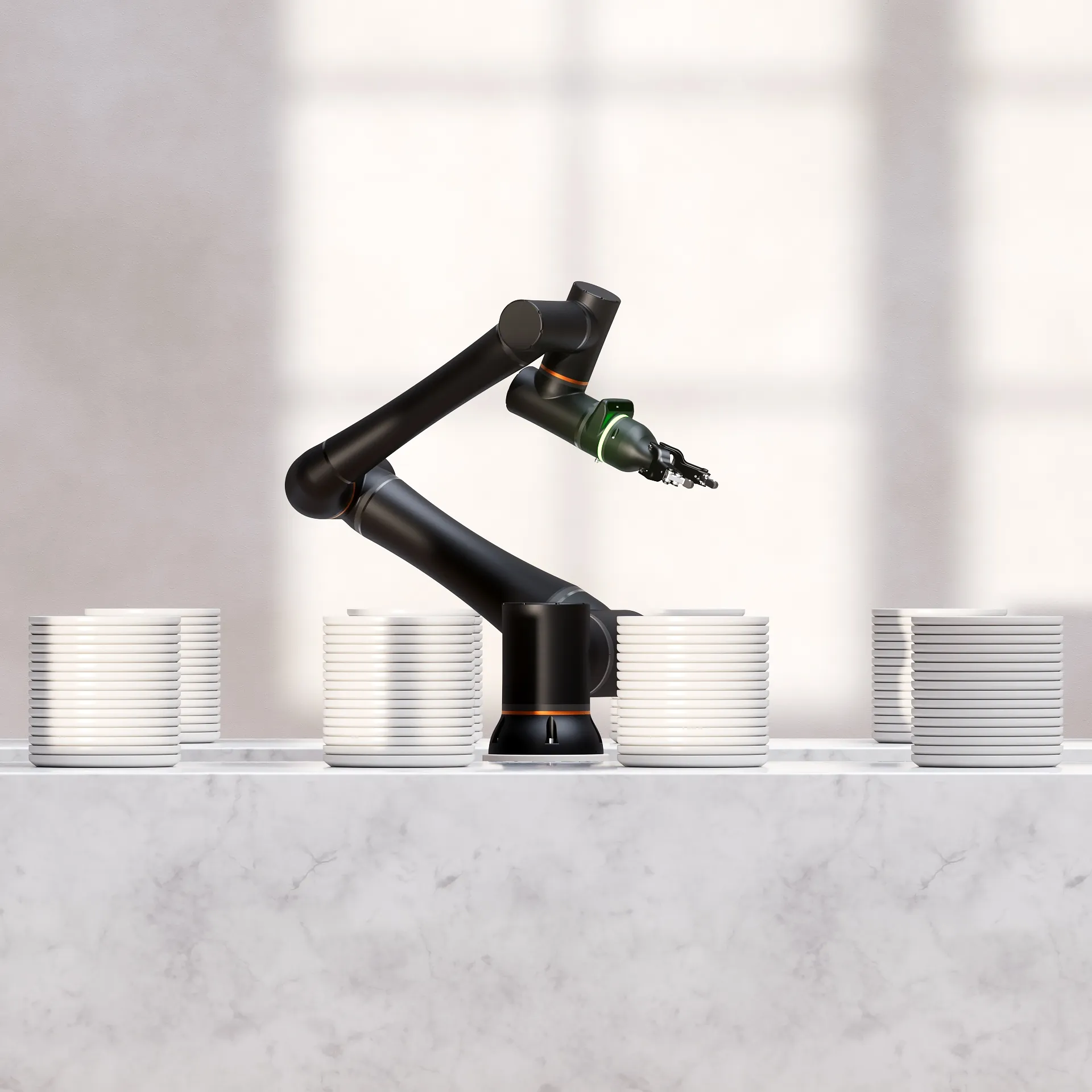 The Standard Bots RO1 arm stacking plates along a marble counter
