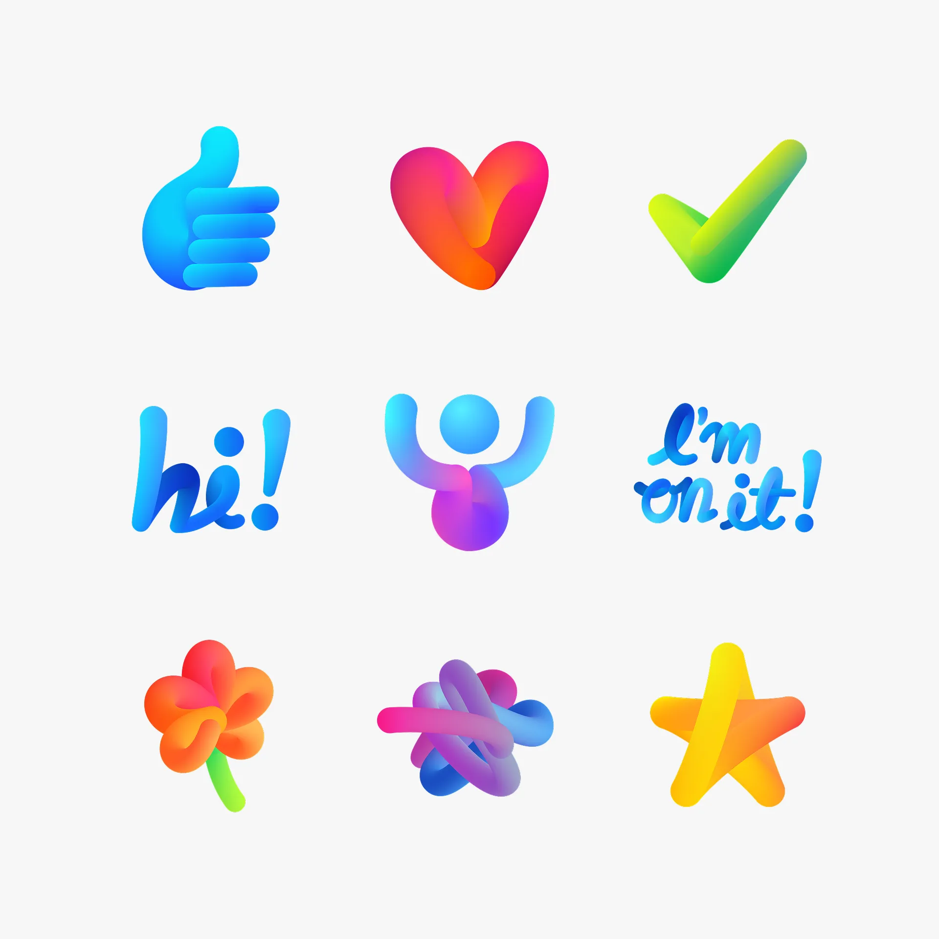Nine M assistant stickers — thumbs up, heart, tick, "hi!", a raised-arms figure, "I'm on it!", a flower, a swirl, and a star