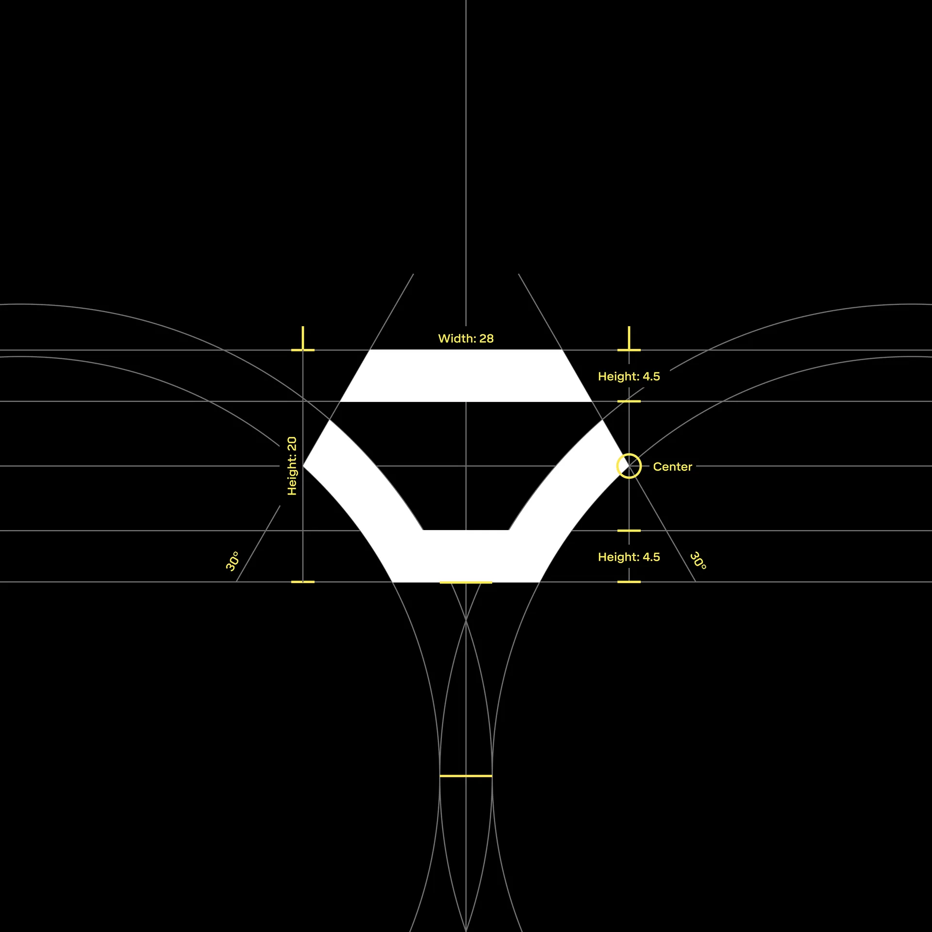 The Standard Bots logo construction, drawn over its grid with measurements